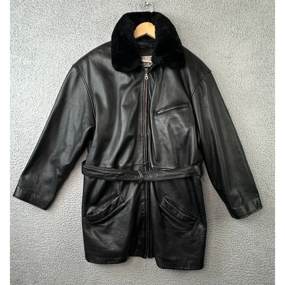 Wilsons Leather Pelle Studio Black Jacket Women L Removable Fur Collar Belted